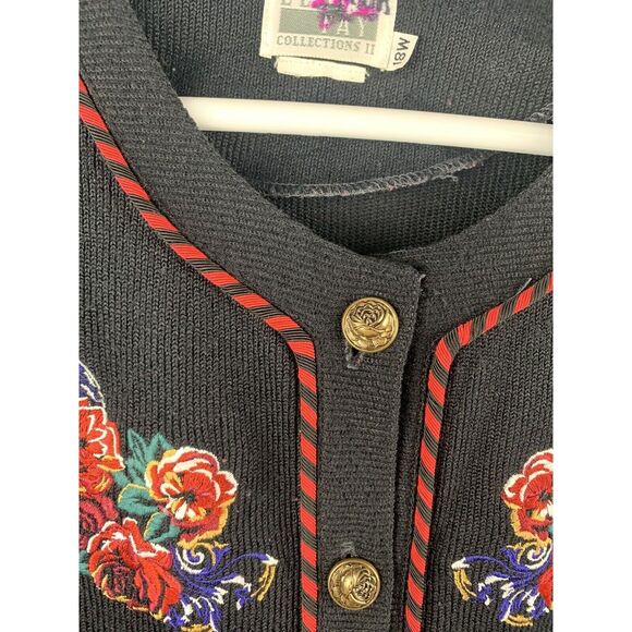 Leslie Fay Sweater Womens Plus 18W Button Up Jacket Black/Red Embroidered Floral - Picture 5 of 5